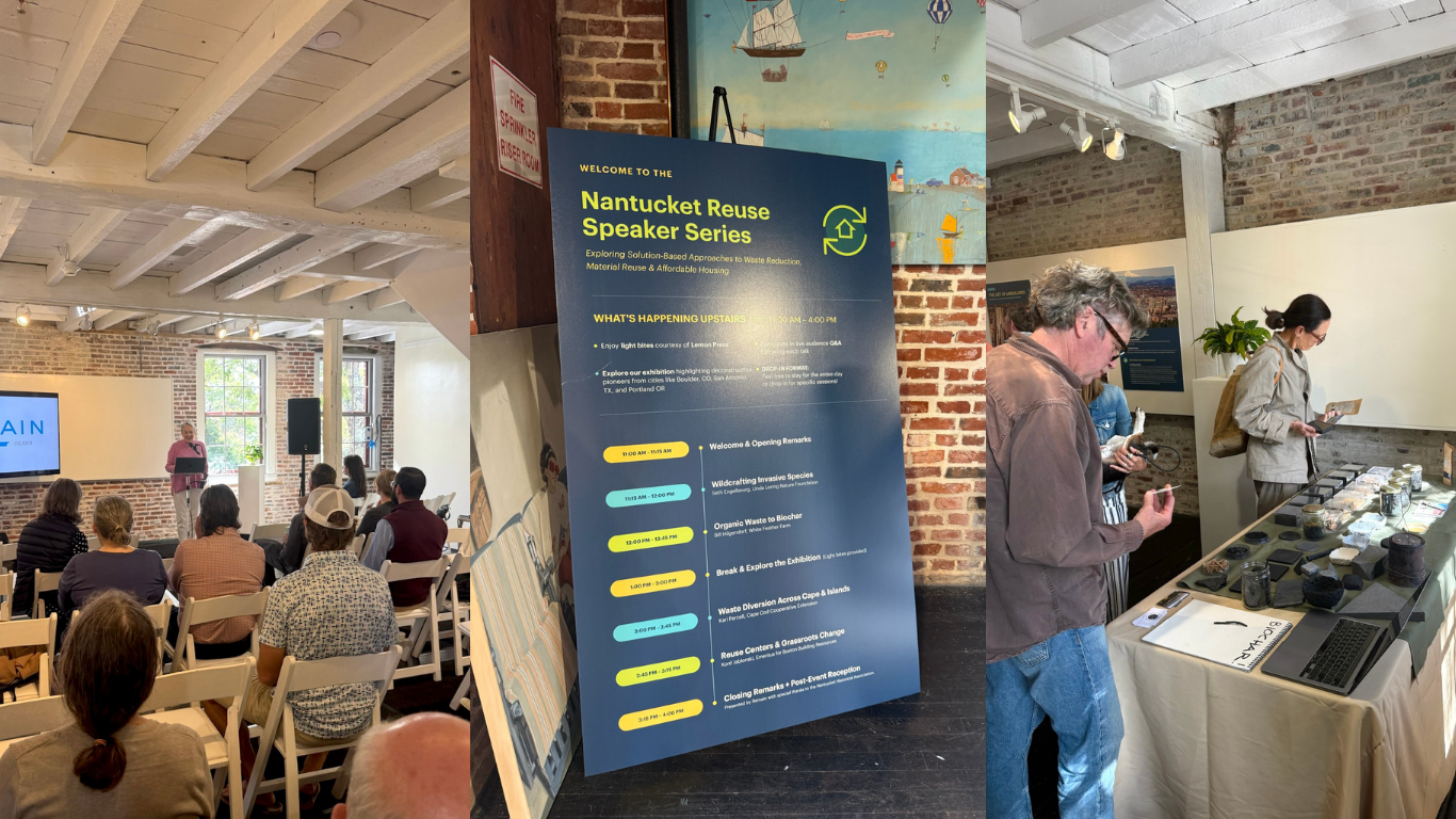 Nantucket Reuse Speaker Series: guests listening to speaker, viewing materials, biochar, and signage